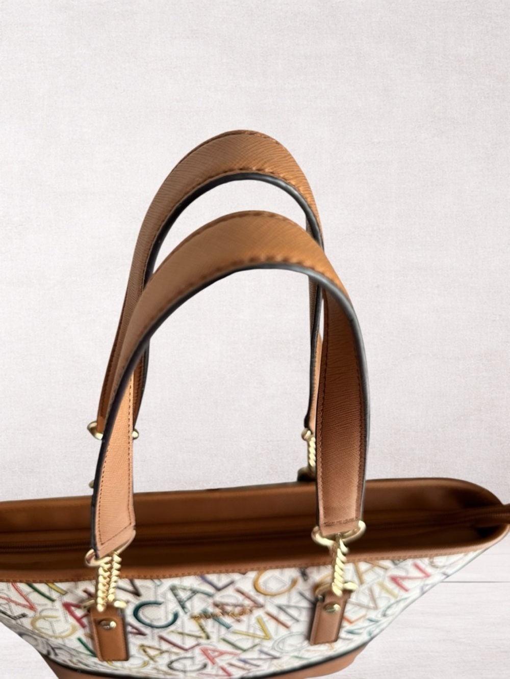 Calvin Klein White Multicolor Logo Tote with Brown Trim - Picture 3 of 8